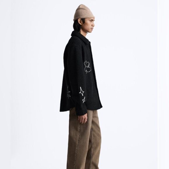 Zara Black Embroidered Faux Shearling Streetwear Utility Overshirt Size L/XL - Picture 4 of 16